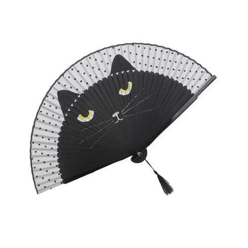 Éventail Pliant en Soie avec Motif de Chat